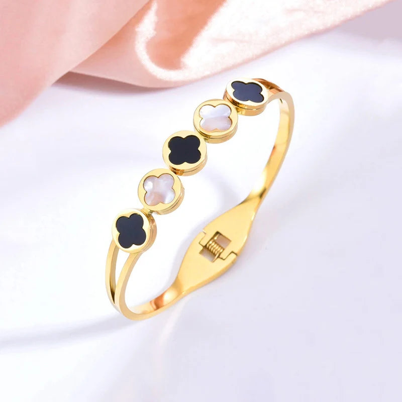 Black & White Clover Anti-Tarnish Gold Cuff Bracelet