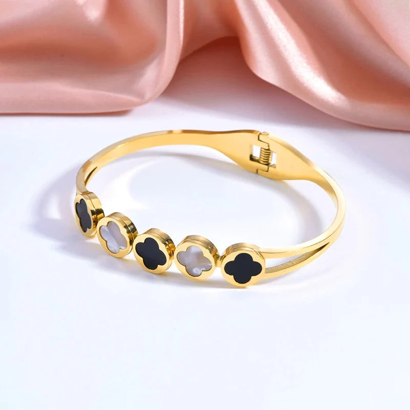 Black & White Clover Anti-Tarnish Gold Cuff Bracelet
