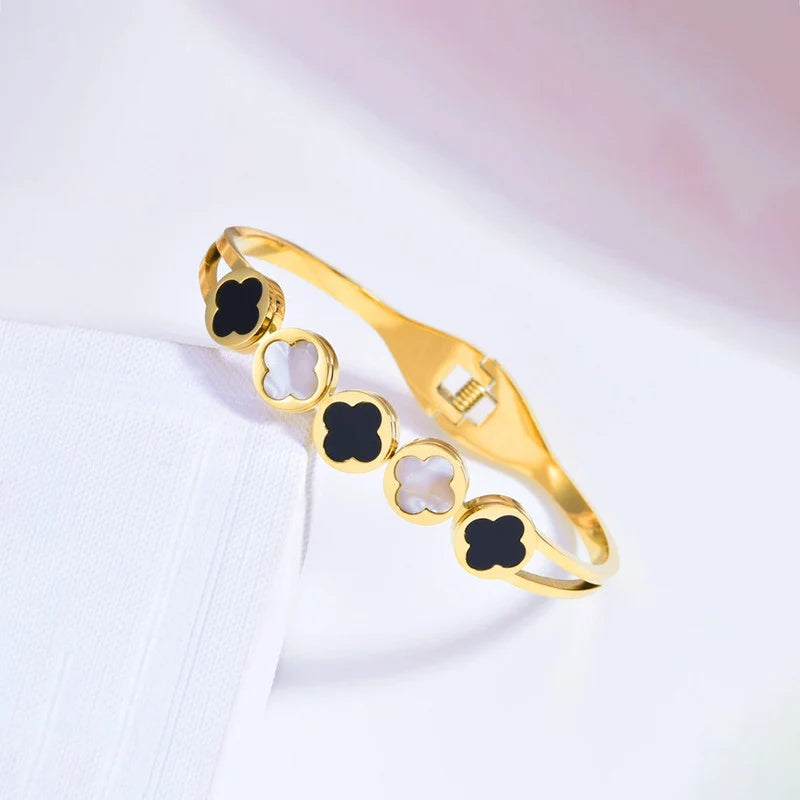 Black & White Clover Anti-Tarnish Gold Cuff Bracelet