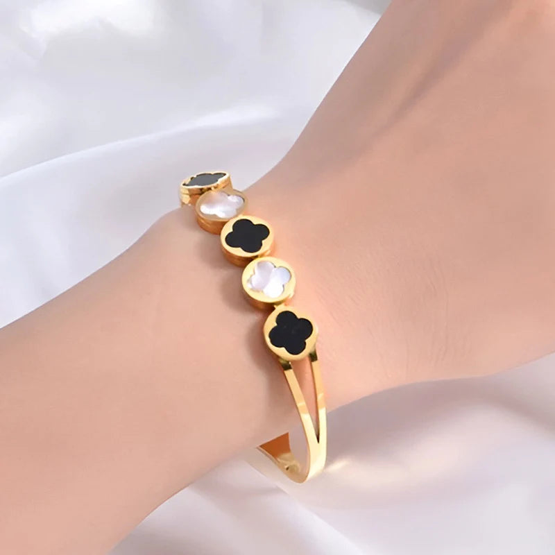 Black & White Clover Anti-Tarnish Gold Cuff Bracelet