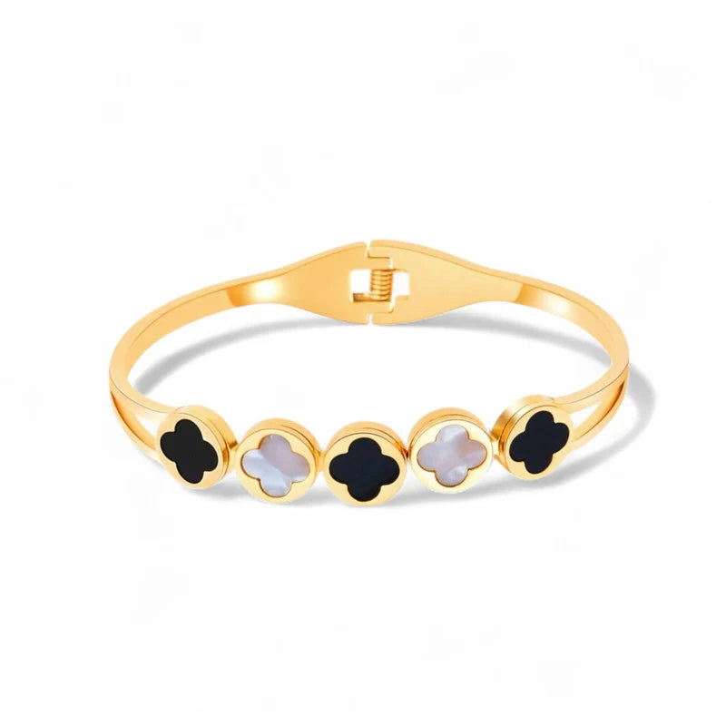 Black & White Clover Anti-Tarnish Gold Cuff Bracelet