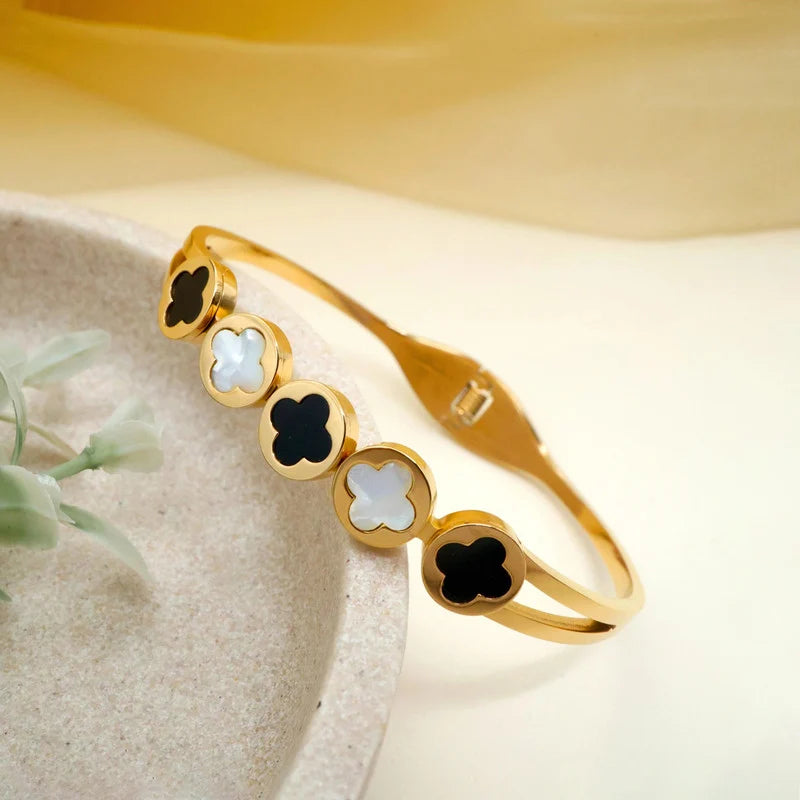 Black & White Clover Anti-Tarnish Gold Cuff Bracelet