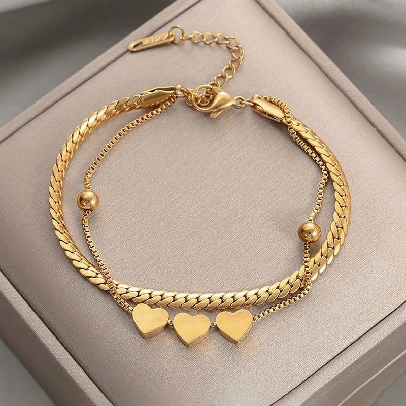 Gold-Tone Triple Heart Layered Anti-Tarnish Bracelet