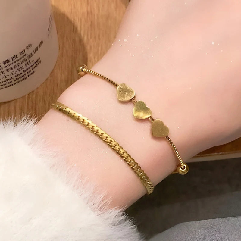 Gold-Tone Triple Heart Layered Anti-Tarnish Bracelet