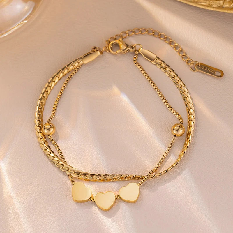 Gold-Tone Triple Heart Layered Anti-Tarnish Bracelet
