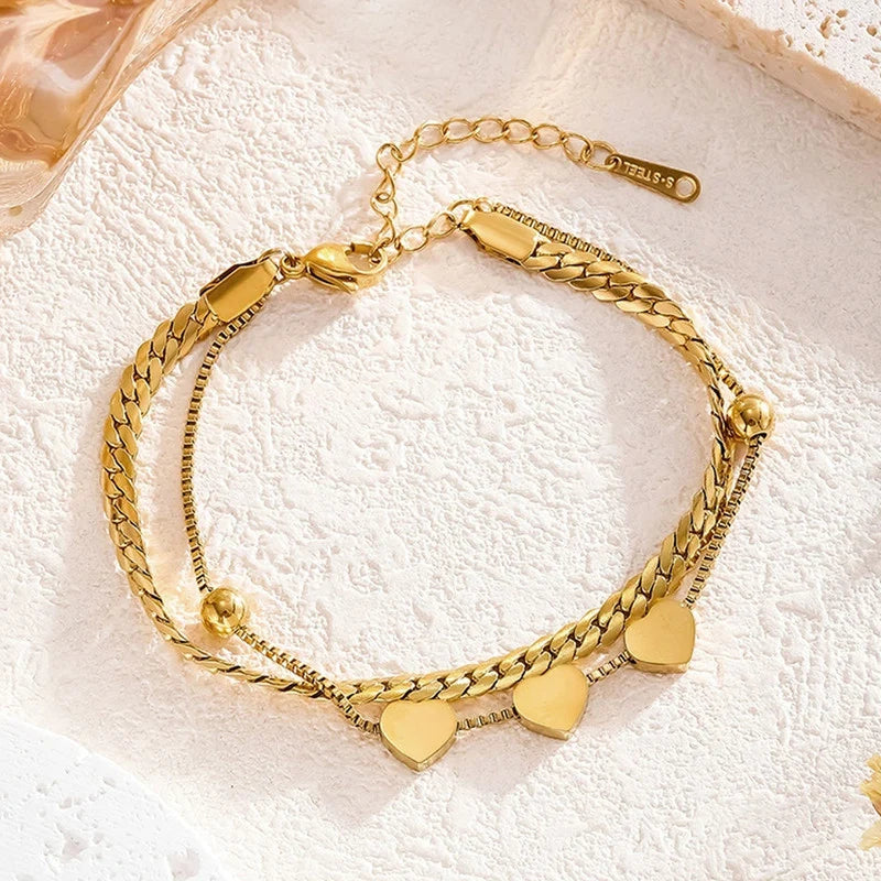 Gold-Tone Triple Heart Layered Anti-Tarnish Bracelet