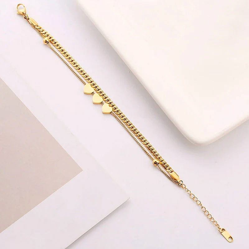 Gold-Tone Triple Heart Layered Anti-Tarnish Bracelet