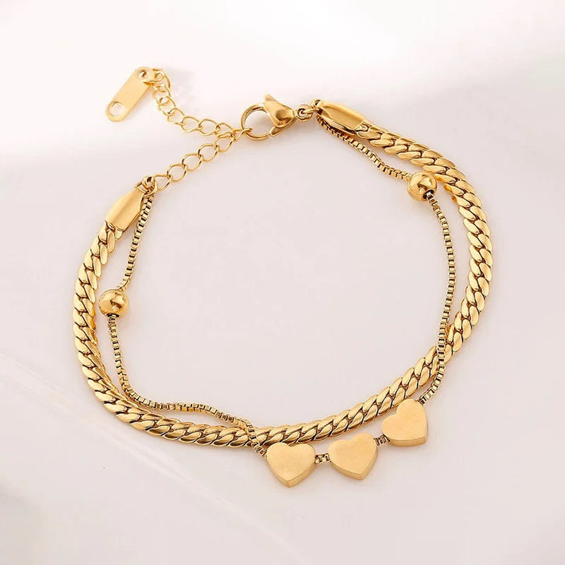 Gold-Tone Triple Heart Layered Anti-Tarnish Bracelet