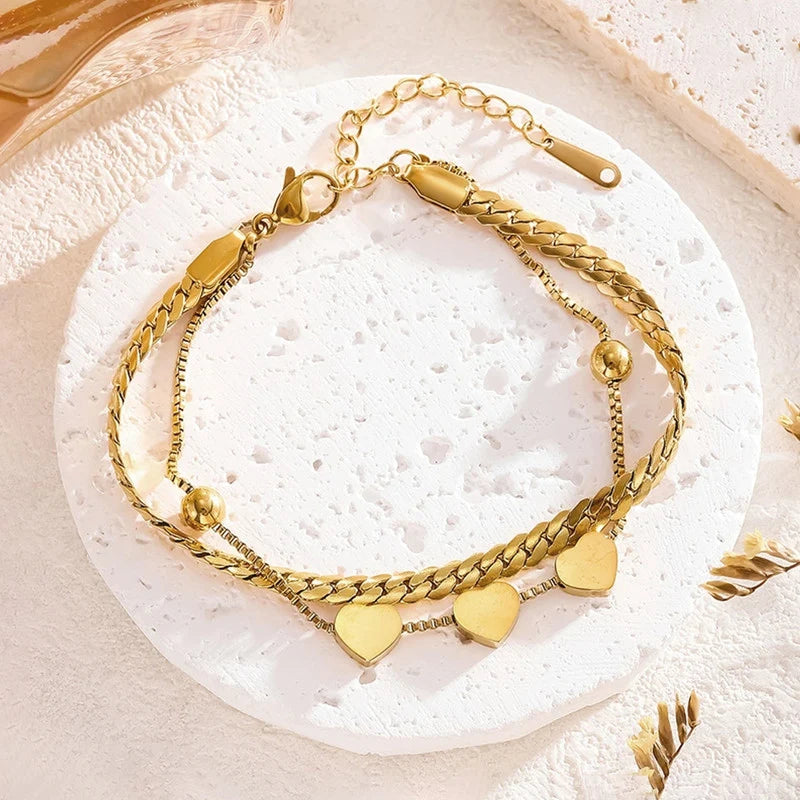 Gold-Tone Triple Heart Layered Anti-Tarnish Bracelet