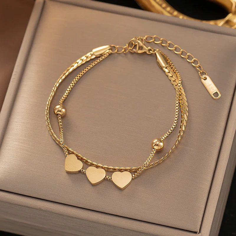 Gold-Tone Triple Heart Layered Anti-Tarnish Bracelet