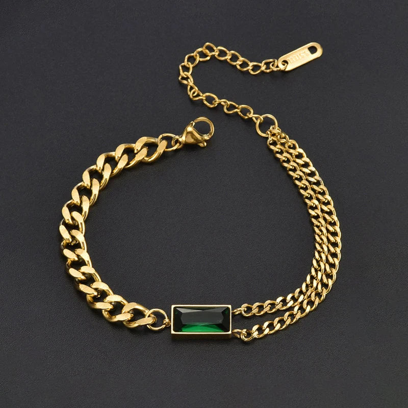 Gold-Tone Green Emerald Link Anti-Tarnish Bracelet