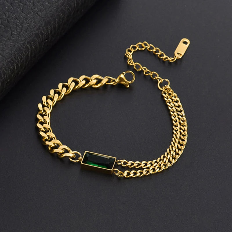 Gold-Tone Green Emerald Link Anti-Tarnish Bracelet