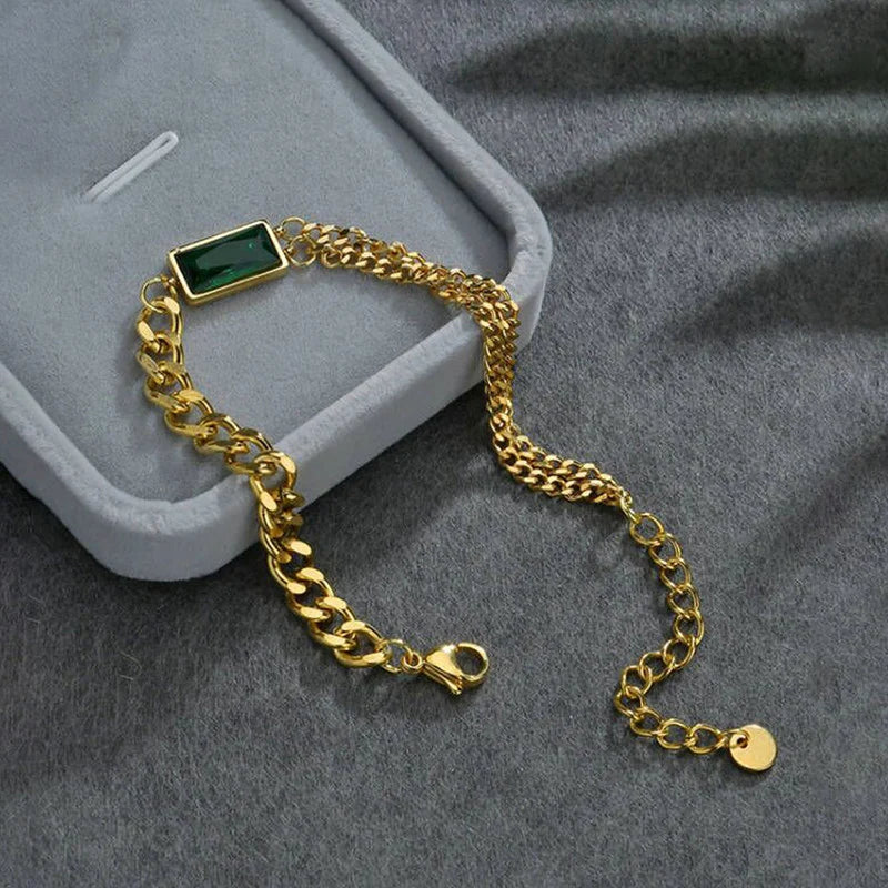 Gold-Tone Green Emerald Link Anti-Tarnish Bracelet