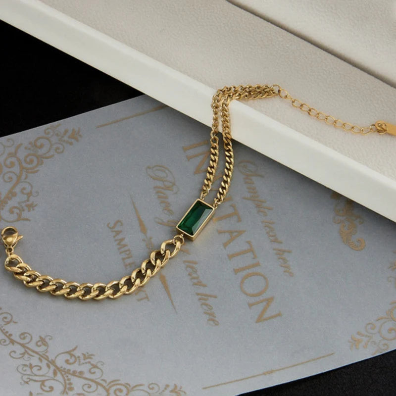 Gold-Tone Green Emerald Link Anti-Tarnish Bracelet