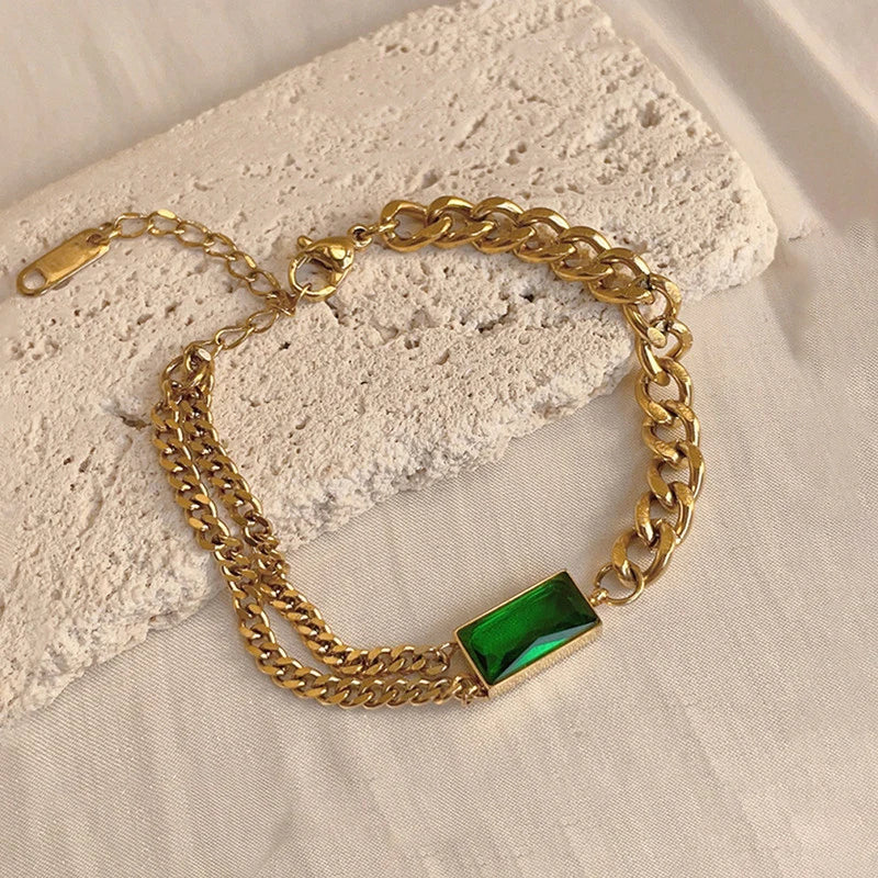 Gold-Tone Green Emerald Link Anti-Tarnish Bracelet