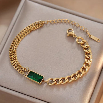 Gold-Tone Green Emerald Link Anti-Tarnish Bracelet