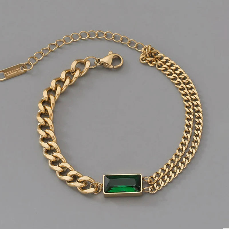 Gold-Tone Green Emerald Link Anti-Tarnish Bracelet