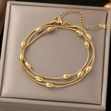 Gold-Tone Multi-Layer Beaded Chain Anti-Tarnish Bracelet