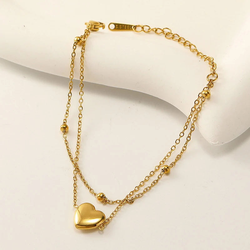 Gold-Tone Heart Charm Layered Anti-Tarnish Bracelet