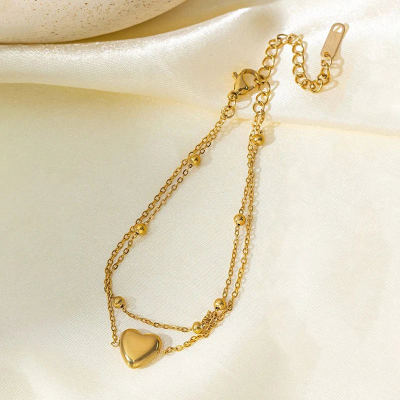 Gold-Tone Heart Charm Layered Anti-Tarnish Bracelet