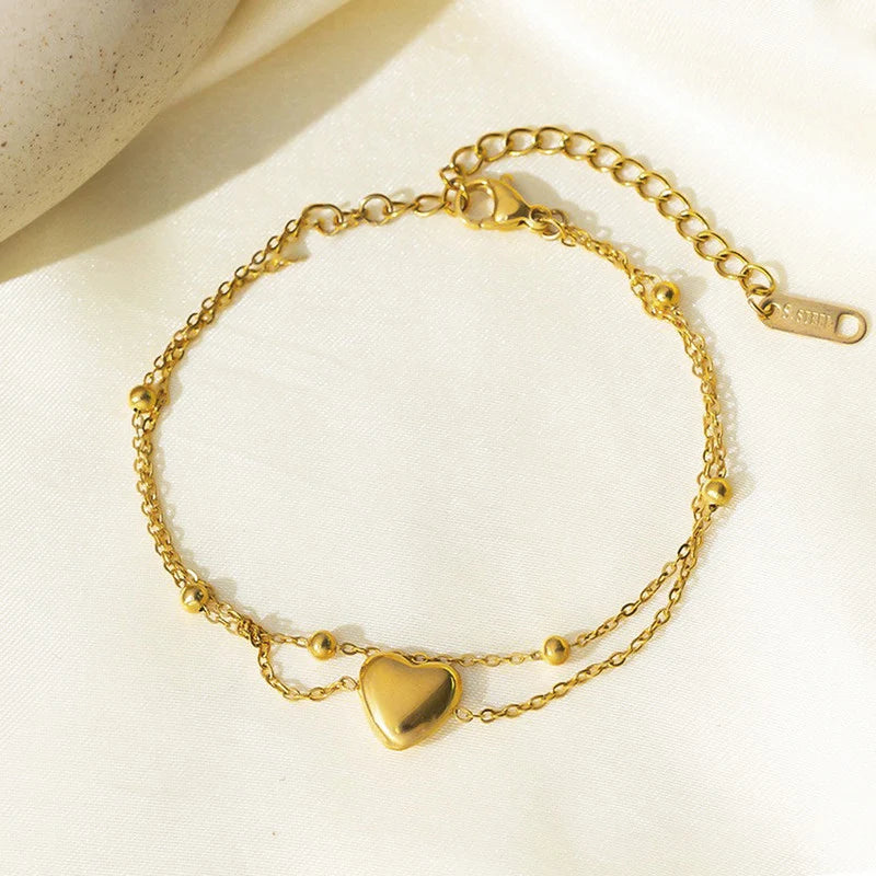 Gold-Tone Heart Charm Layered Anti-Tarnish Bracelet