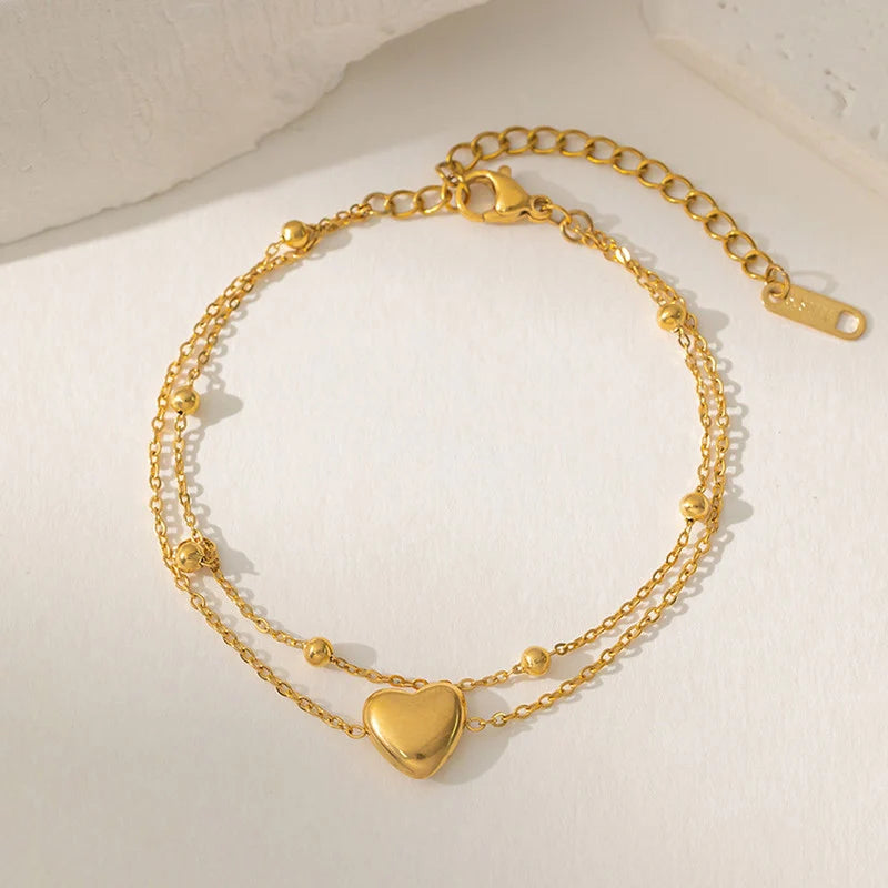 Gold-Tone Heart Charm Layered Anti-Tarnish Bracelet