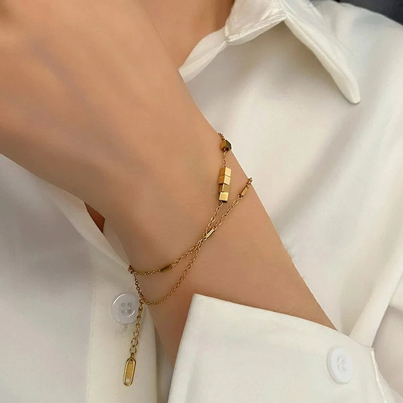 Gold-Tone Geometric Double-Layer Anti-Tarnish Bracelet