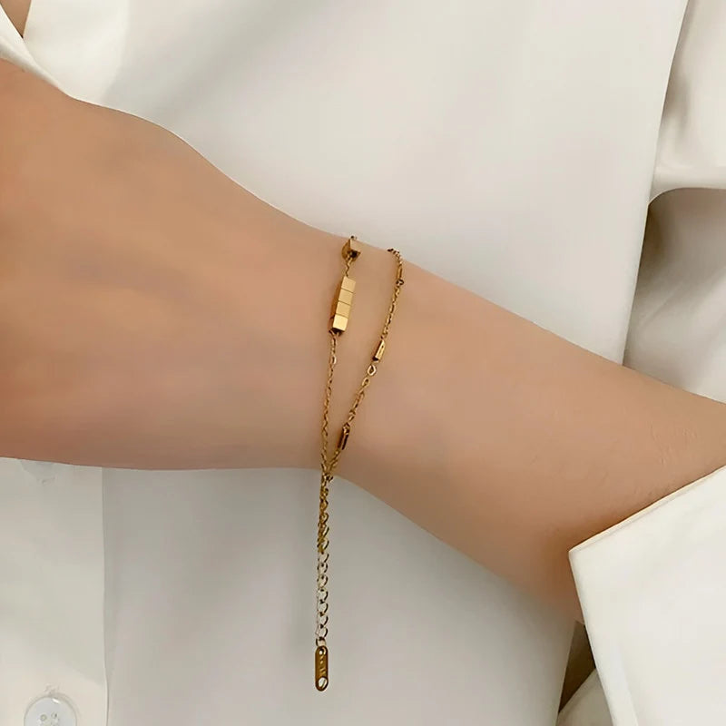 Gold-Tone Geometric Double-Layer Anti-Tarnish Bracelet