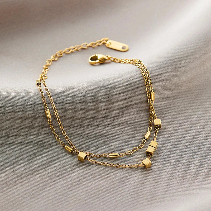 Gold-Tone Geometric Double-Layer Anti-Tarnish Bracelet