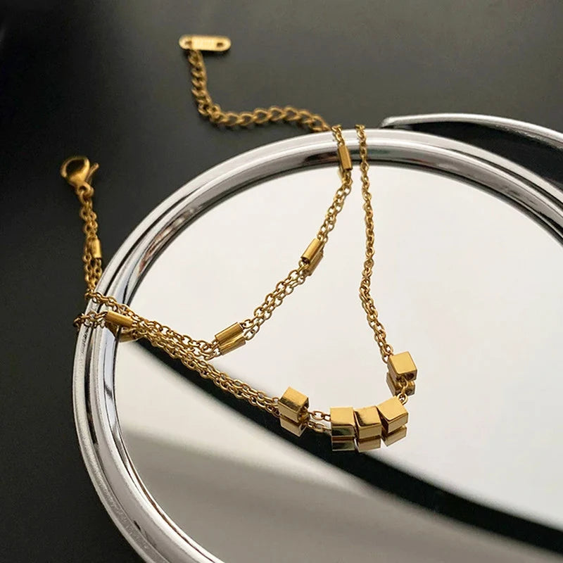 Gold-Tone Geometric Double-Layer Anti-Tarnish Bracelet