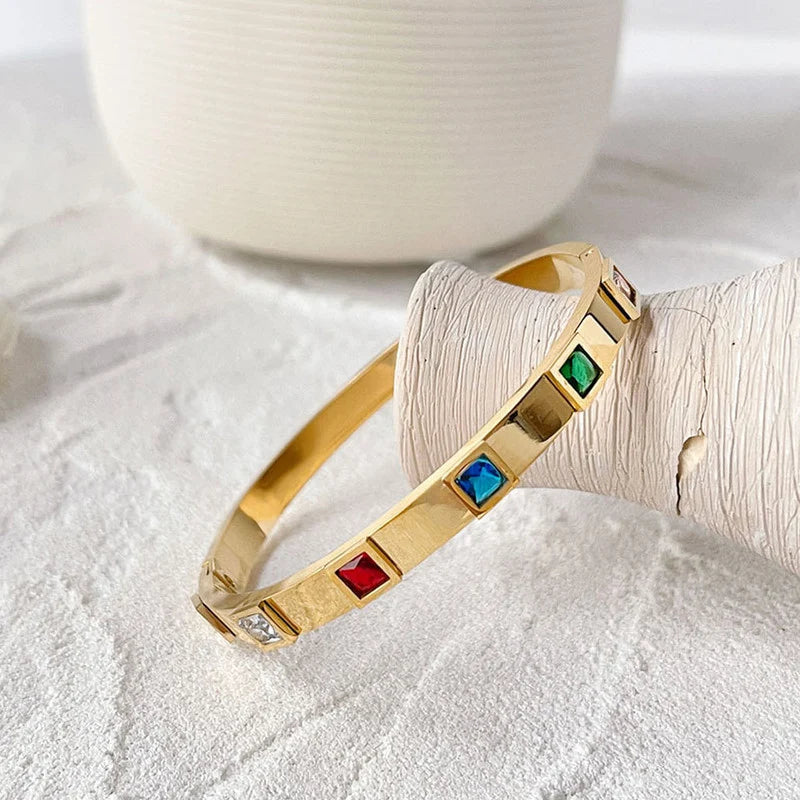 Gold-Plated Multicolor Crystal Geometric Bracelet
