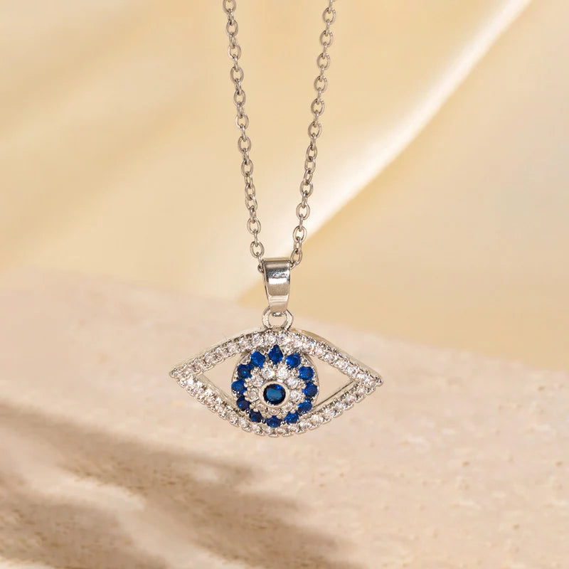 Silver-Plated Blue Evil Eye Crystal Pendant Necklace