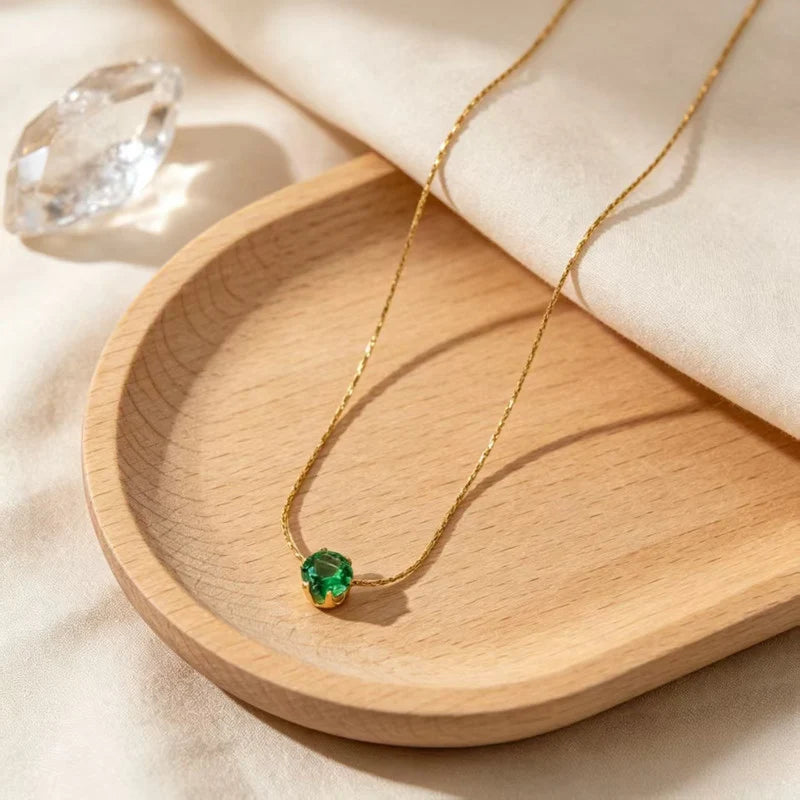 Gold-Plated Green Emerald Solitaire Pendant Necklace