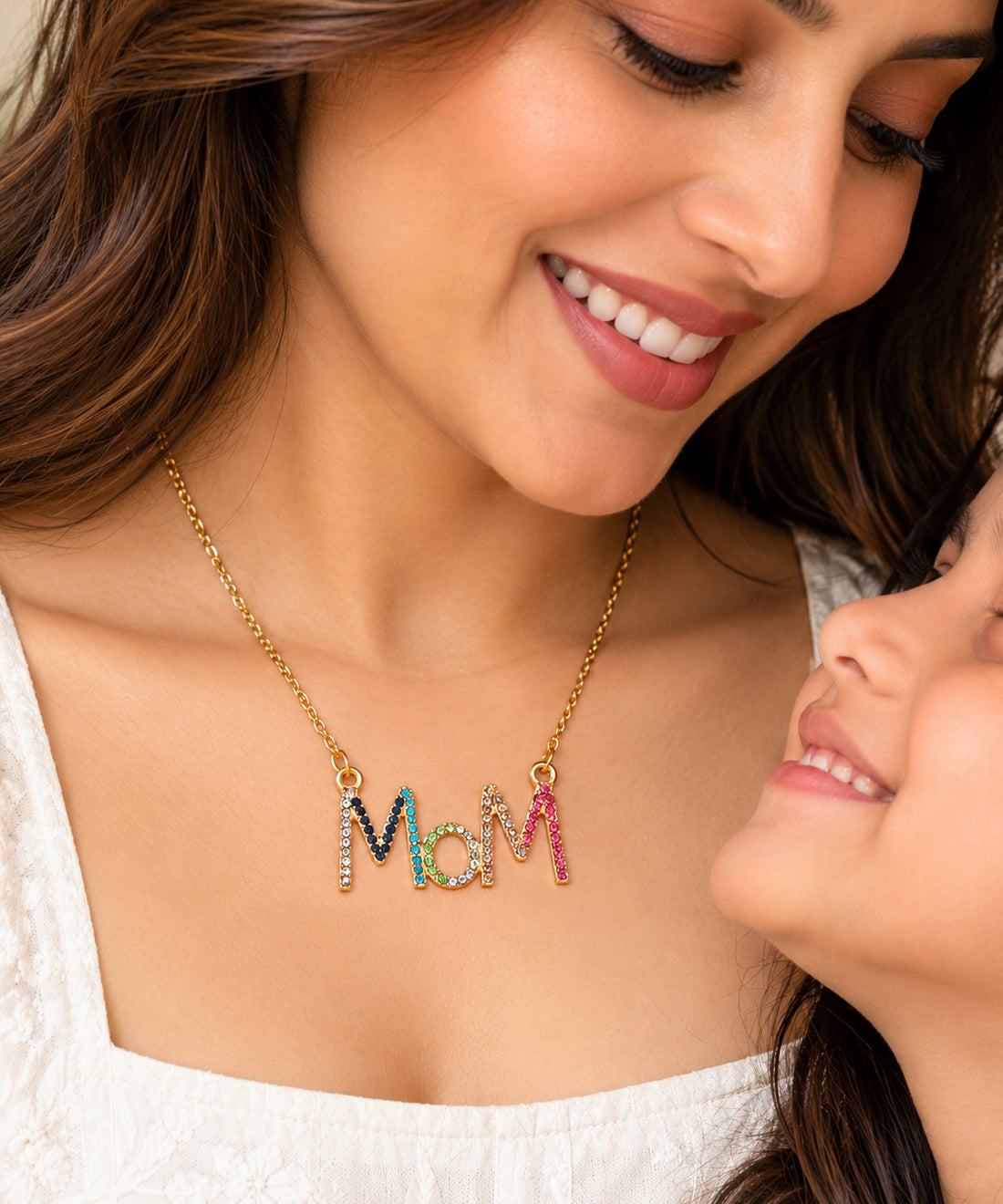 Gold Plated Multicolour Crystal MOM Pendant Necklace