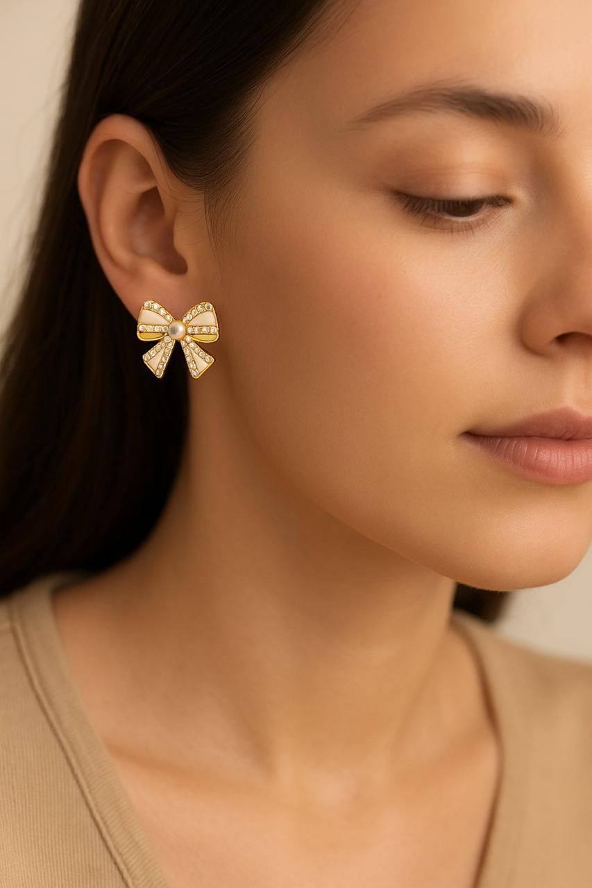 Elegant Pearl & Crystal Bow Stud Earring