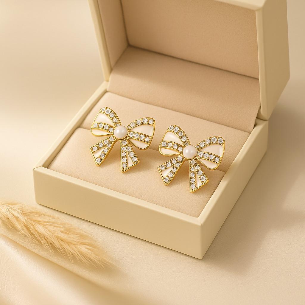 Elegant Pearl & Crystal Bow Stud Earring