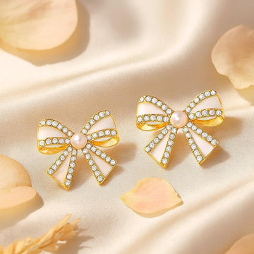 Elegant Pearl & Crystal Bow Stud Earring