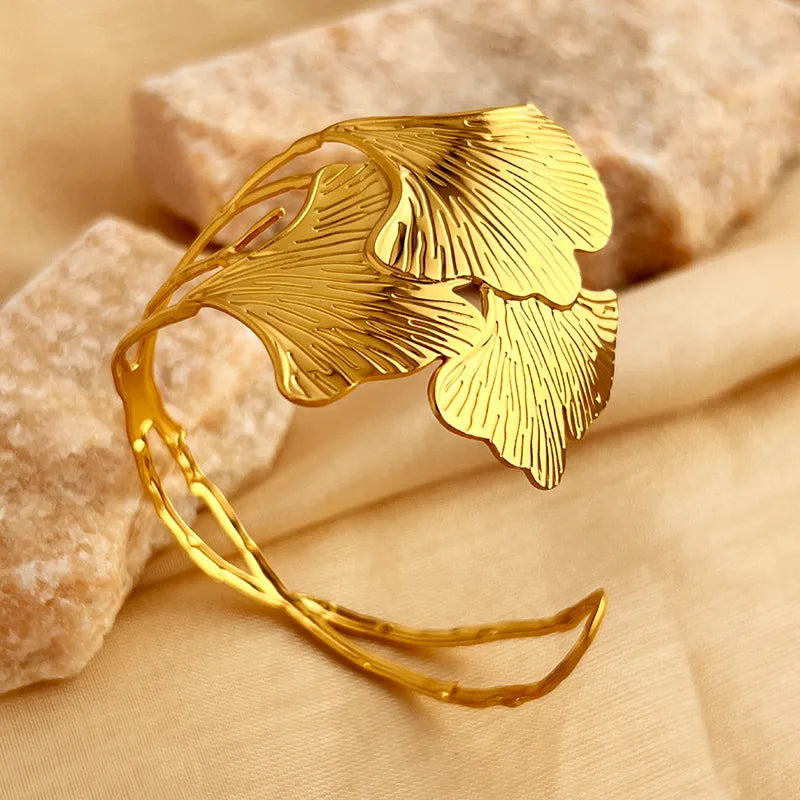 Gold Ginkgo Leaf Cuff Bracelet