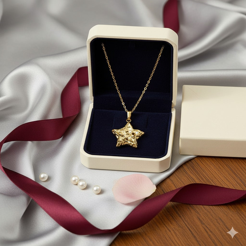 Gold Star Pendant Necklace with Pearls – Textured 18K Gold-Plated Chain