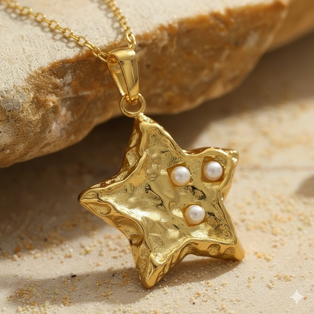 Gold Star Pendant Necklace with Pearls – Textured 18K Gold-Plated Chain