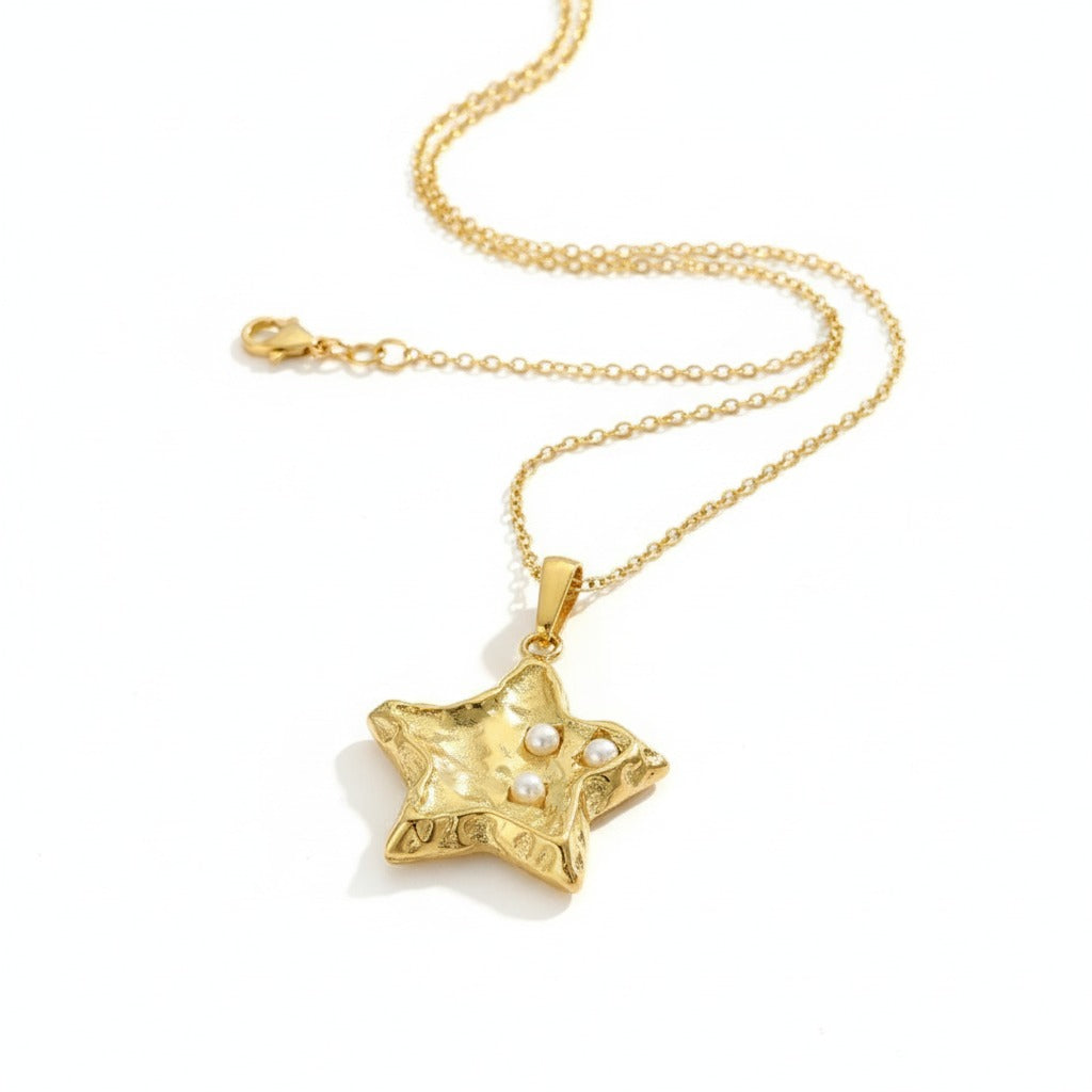 Gold Star Pendant Necklace with Pearls – Textured 18K Gold-Plated Chain