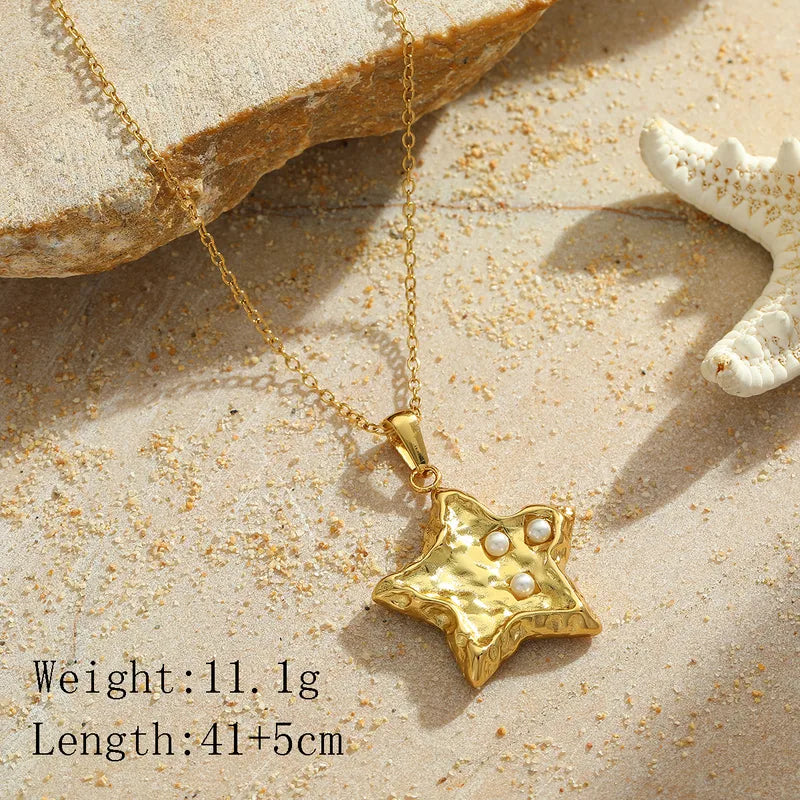 Gold Star Pendant Necklace with Pearls – Textured 18K Gold-Plated Chain