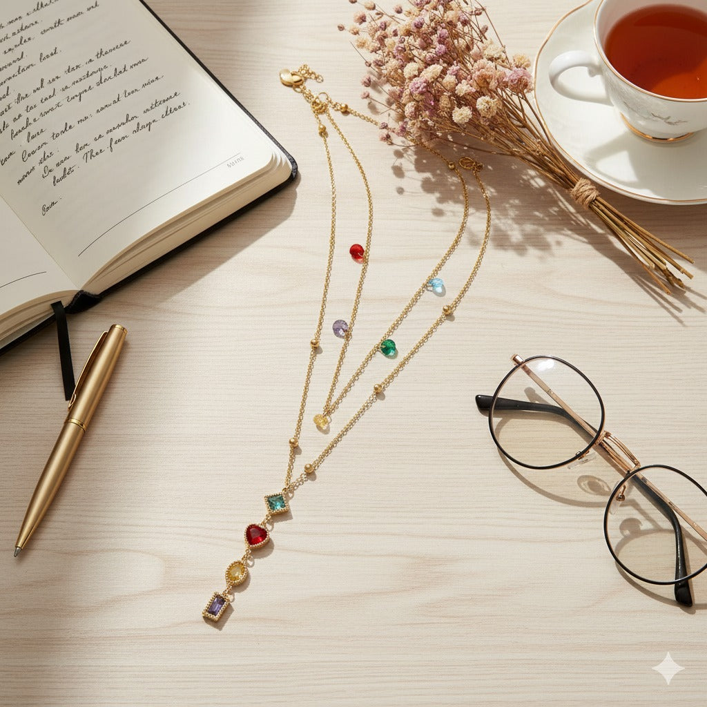 Rainbow Multi-Stone Layered Gold Pendant Necklace