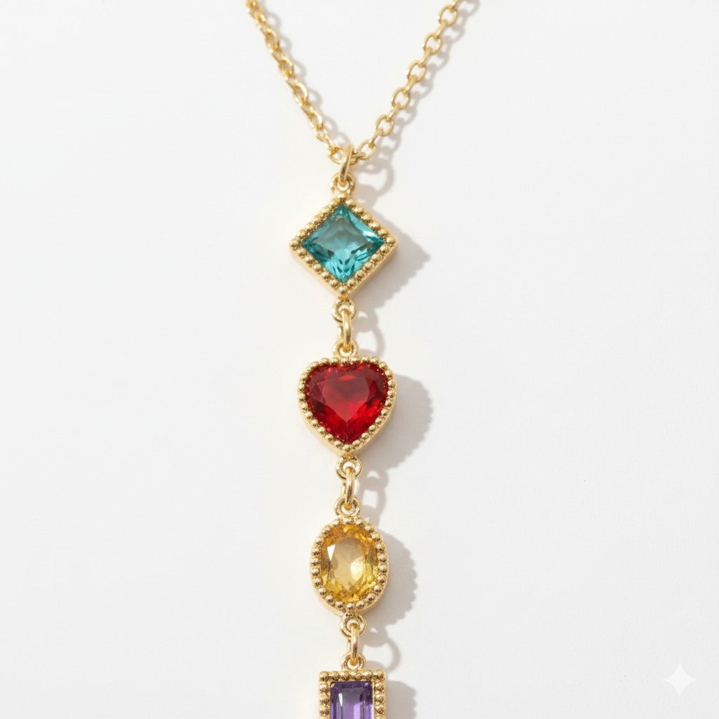 Rainbow Multi-Stone Layered Gold Pendant Necklace