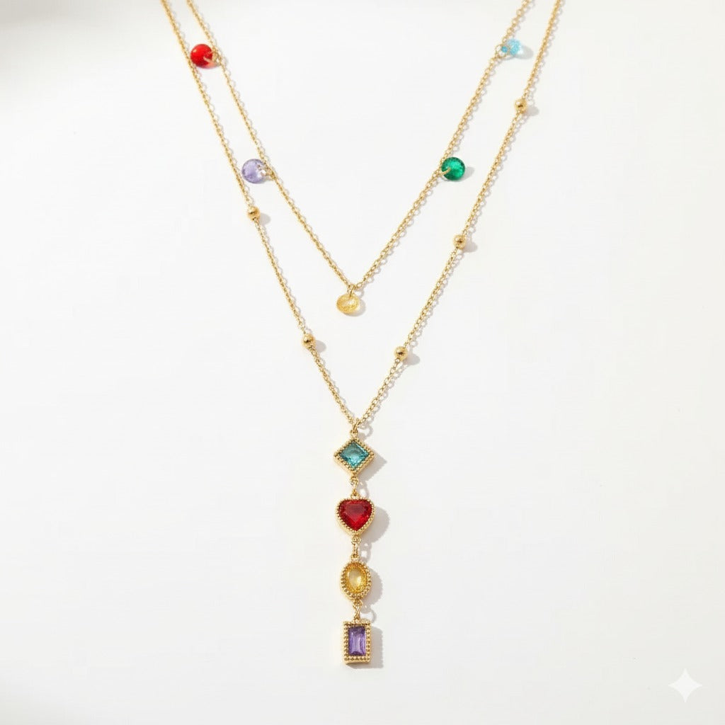 Rainbow Multi-Stone Layered Gold Pendant Necklace