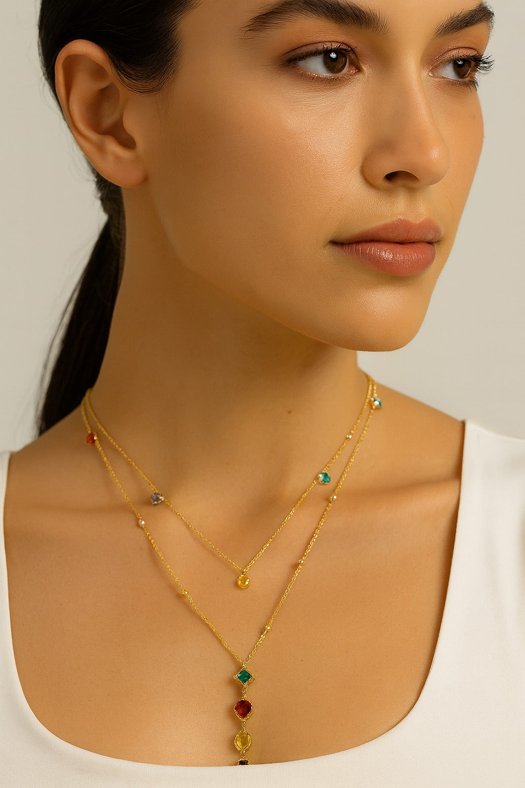 Rainbow Multi-Stone Layered Gold Pendant Necklace