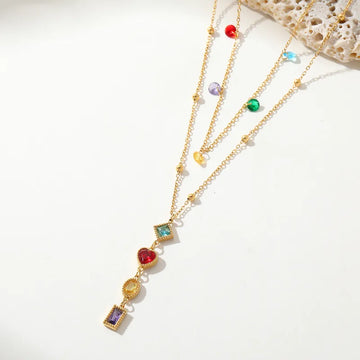 Rainbow Multi-Stone Layered Gold Pendant Necklace