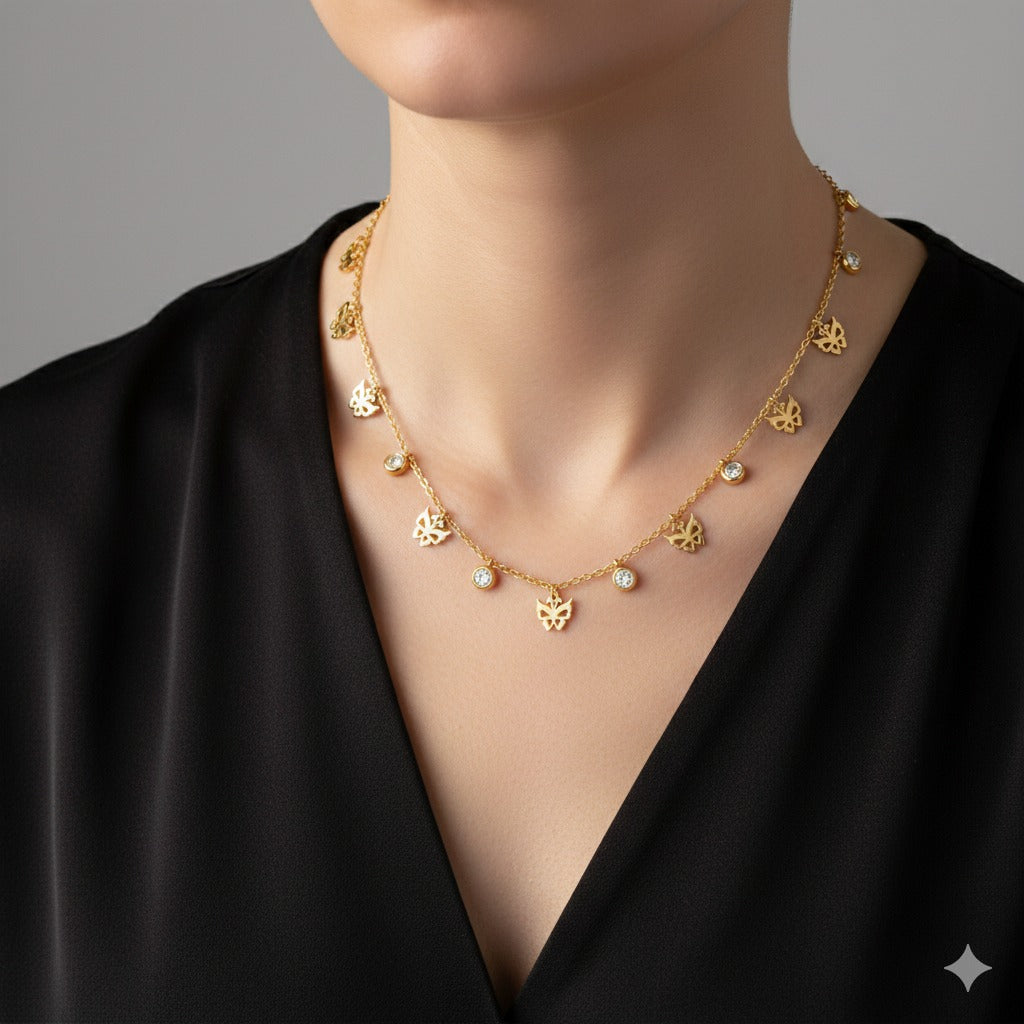 18K Gold Plated Leaf Charm Necklace with Crystal Accents