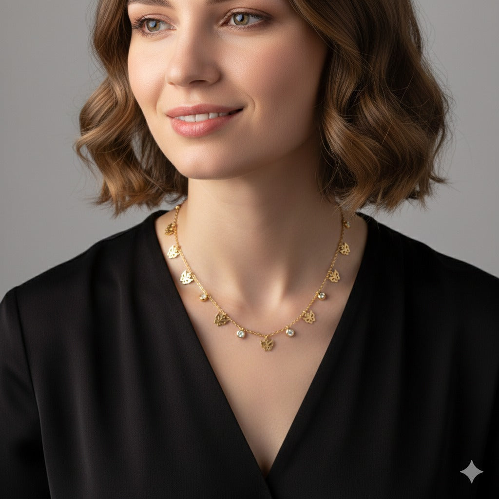 18K Gold Plated Leaf Charm Necklace with Crystal Accents