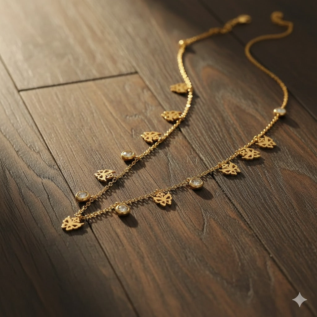 18K Gold Plated Leaf Charm Necklace with Crystal Accents